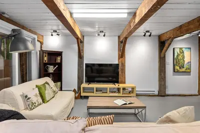 a living room with a couch and a tv at L'Artisan - Vieux-Terrebonne in Terrebonne