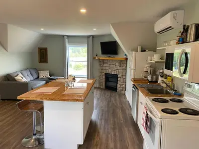 a kitchen and living room with a stove and a couch at Relaxez, condo Zen, climatisé, campagne&lacs in Magog-Orford
