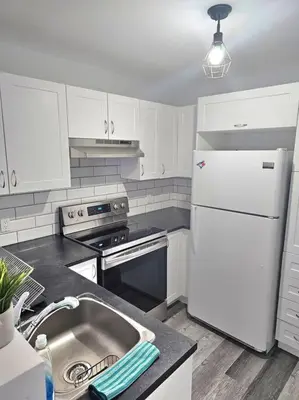 a kitchen with a sink and a white refrigerator at Spacieux Appartement de 3 Chambres downtown in Montréal