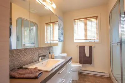 a bathroom with a sink and a toilet and a mirror at Chalet BIA - Cap au Sud in Trois-Lacs