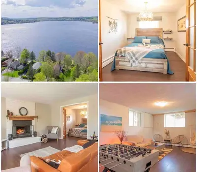 three different pictures of a bedroom and a living room at Chalet BIA Foyer & Spa in Trois-Lacs