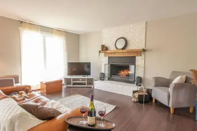 a living room with a couch and a fireplace at Chalet BIA Foyer & Spa in Trois-Lacs
