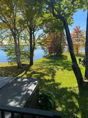 a view of a park with trees and the water at Chalet Le Shack O2 in Stratford