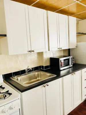a white kitchen with a sink and a microwave at Stylish Montreal Apartment: Comfortable Stay in the Golden Square Mile in Montréal