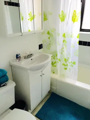 a bathroom with a sink and a shower curtain at Stylish Montreal Apartment: Comfortable Stay in the Golden Square Mile in Montréal