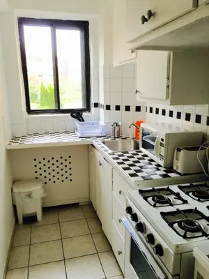a small kitchen with a stove and a sink at Stylish Montreal Apartment: Comfortable Stay in the Golden Square Mile in Montréal