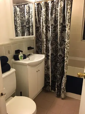 a bathroom with a sink and a toilet and a shower curtain at Stylish Montreal Apartment: Comfortable Stay in the Golden Square Mile in Montréal