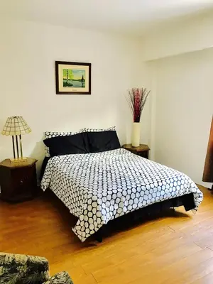 a bedroom with a bed with a black and white comforter at Stylish Montreal Apartment: Comfortable Stay in the Golden Square Mile in Montréal