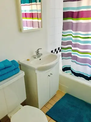 a bathroom with a sink and a shower curtain at Stylish Montreal Apartment: Comfortable Stay in the Golden Square Mile in Montréal