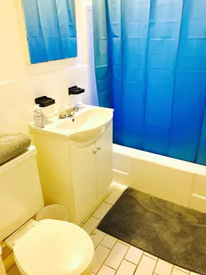 a bathroom with a white toilet and a blue shower curtain at Stylish Montreal Apartment: Comfortable Stay in the Golden Square Mile in Montréal