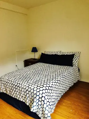 a bedroom with a bed with a black and white comforter at Stylish Montreal Apartment: Comfortable Stay in the Golden Square Mile in Montréal