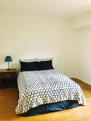a bedroom with a bed with a black and white comforter at Stylish Montreal Apartment: Comfortable Stay in the Golden Square Mile in Montréal