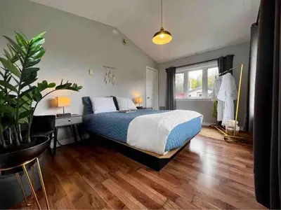 a bedroom with a bed and a potted plant at Chalet BIA - Le Petit Chaleureux in Ham Nord