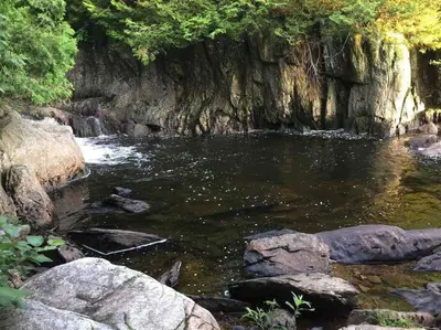 a river with some rocks and some water and trees at Chalet BIA - Le Petit Chaleureux in Ham Nord