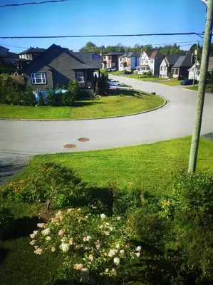 a winding road in a residential neighborhood with houses at Maison chaleureuse, énergétique et florale in Sherbrooke