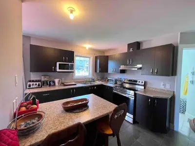 a kitchen with black cabinets and a counter top at Maison chaleureuse, énergétique et florale in Sherbrooke