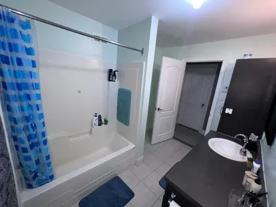 a bathroom with a tub and a sink and a shower at Maison chaleureuse, énergétique et florale in Sherbrooke
