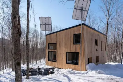 a wooden house in the woods in the snow at Cabin Zoobox 47 in Eastman