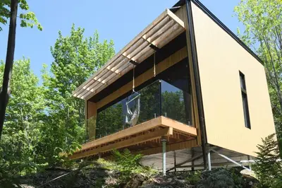 a house in the woods with a large window at Cabin Zoobox 73 in Eastman