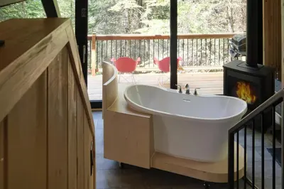 a bath tub in a room with a fireplace at Cabin Zoobox 89 in Eastman