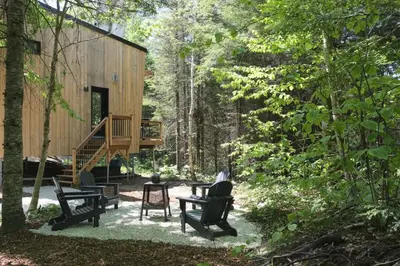 a group of chairs and a house in the woods at Cabin Zoobox 89 in Eastman