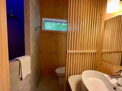 a bathroom with a sink and a toilet and a window at Cabin Zoobox 79 in Eastman
