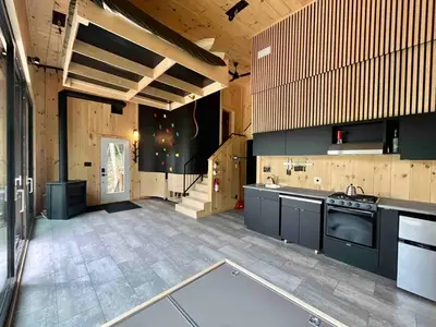 a large kitchen with black appliances and wooden walls at Cabin Zoobox 79 in Eastman
