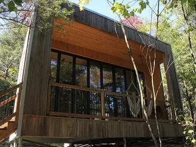a wooden house with glass windows in the woods at Cabin Zoobox 54 in Eastman