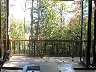 a screened in porch with a table and chairs at Cabin Zoobox 55 in Eastman
