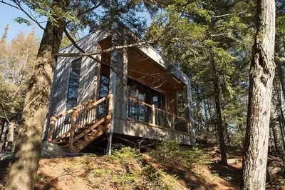 a log cabin in the woods with trees at Cabin Zoobox 67 in Eastman
