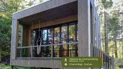 a building with a large window in the woods at Cabin Zoobox 82 in Eastman