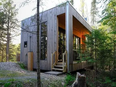 a small house in the middle of a forest at Cabin Zoobox 83 in Eastman