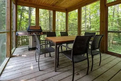 a screened in porch with a table and chairs and a grill at Cottage 35 Chemin Gilbert in Eastman