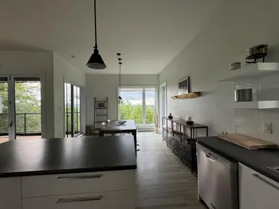 a kitchen with a black counter top in a room at Cottage 121 chemin Gilbert in Eastman