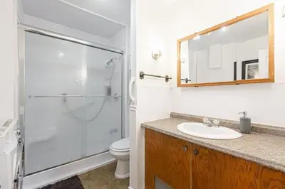 a bathroom with a shower and a sink and a toilet at Appart M1 avec bain tourbillon citq 309409 in Mascouche