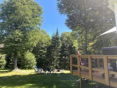 a yard with two chairs and two dogs in the grass at LE JAZZ- Chalet rustique/chic avec SPA in Notre-Dame-Des-Bois