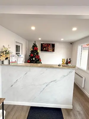 a kitchen with a christmas tree behind a counter at Motel Saint Bruno in Saint-Bruno-de-Montarville