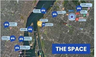 a map with blue icons and the space words at Cozy 1BR in Vieux-Longueuil +parking 14min Downtown in Longueuil