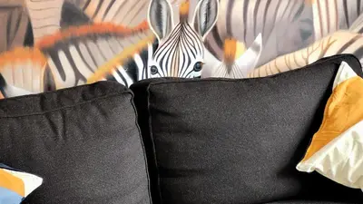 a zebra head peeking out from behind a black pillow at Cozy 2BR in VieuxLongueuil +parking 14min Downtown in Longueuil