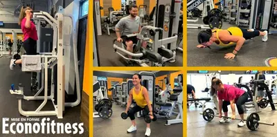 a collage of four pictures of people in a gym at Cozy 2BR in VieuxLongueuil +parking 14min Downtown in Longueuil