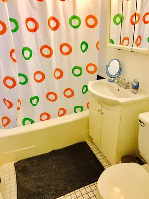 a bathroom with a toilet and a shower curtain at Stylish Montreal Apartment: Comfortable Stay in the Golden Square Mile in Montréal