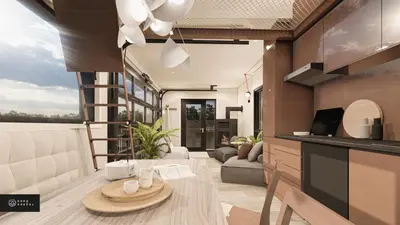 a living room with a table and a kitchen at MiniBora Le moka - Cantons-de-l'Est in Bury