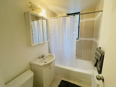 a bathroom with a toilet and a sink and a shower at Stylish Montreal Apartment: Comfortable Stay in the Golden Square Mile in Montréal