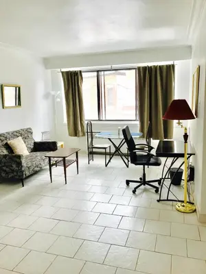 a living room with a couch and a table at Stylish Montreal Apartment: Comfortable Stay in the Golden Square Mile in Montréal