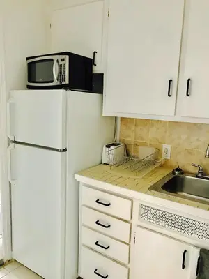 a kitchen with a white refrigerator and a microwave at Stylish Montreal Apartment: Comfortable Stay in the Golden Square Mile in Montréal