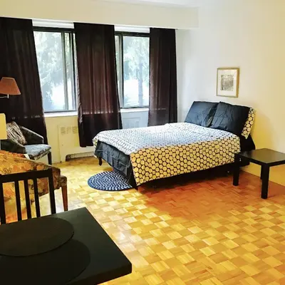 a bedroom with a cheetah print bed in a room at Stylish Montreal Apartment: Comfortable Stay in the Golden Square Mile in Montréal