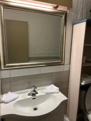 a bathroom with a white sink and a mirror at Motel la siesta de gascon in Terrebonne