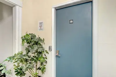 a blue door with a plant next to it at Chez Mont Royal Apartments! in Montréal