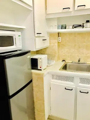 a kitchen with a microwave and a sink at Stylish Montreal Apartment: Comfortable Stay in the Golden Square Mile in Montréal