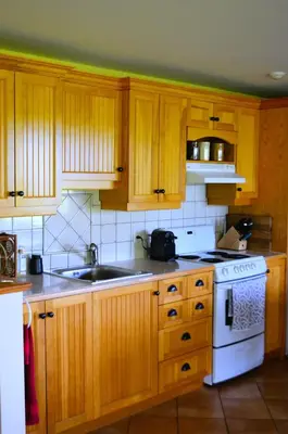 a kitchen with wooden cabinets and a white stove top oven at Suite-appartement 2 chambres à la campagne. Rez de jardin in Dunham